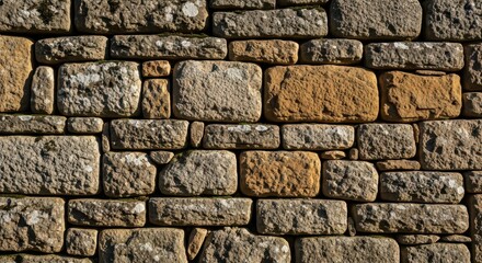 Naklejka premium Close-up of a weathered stone wall with various textures and colors.