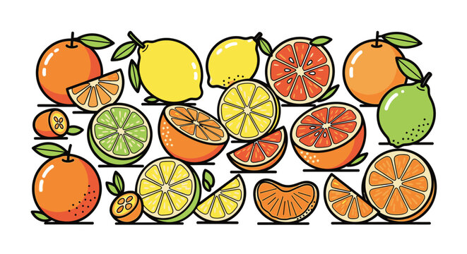 Variety of citrus fruits and slices.