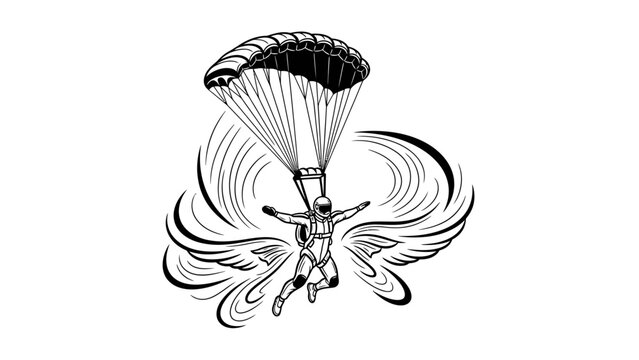 Black and white illustration of a parachutist with outstretched arms and a deployed parachute against a plain white background with dynamic lines.