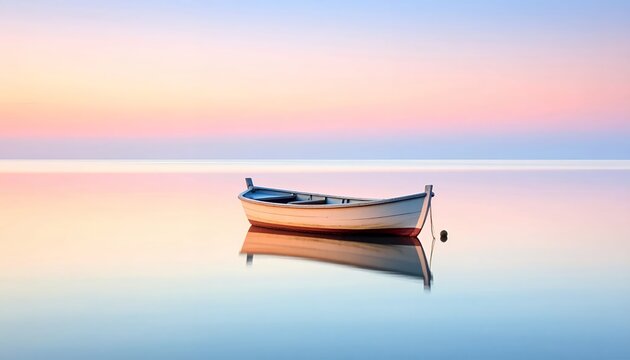 Serene Dawn - A Small Boat Drifts Peacefully on Calm, Reflective Waters Under a Pastel Sky.