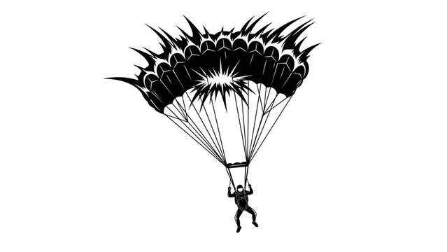 A black and white silhouette of a parachuter in freefall with an open parachute against a plain white background.