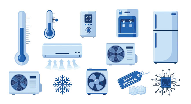 An assortment of blue toned appliances and climate control devices are neatly arranged on a white background