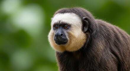 Obraz premium Close-up of a white-faced saki monkey with a thoughtful expression, set against a soft green background, highlighting its unique facial features and fur texture.