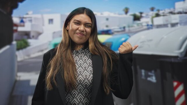 Woman points thumb to trash bins on sunny street while smiling with closed eyes, plus size hispanic female in patterned top and black coat; confidence.