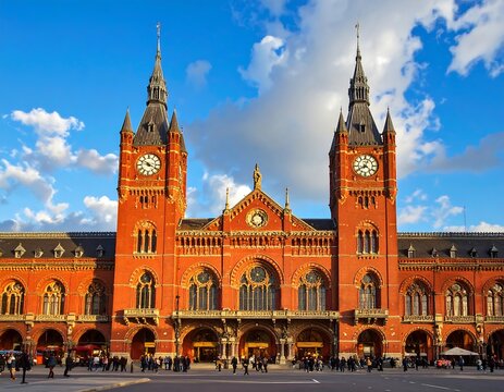 A large red brick building with two clock towers under a blue sky