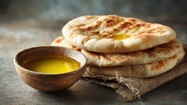 Traditional flatbread served with olive oil, staple Middle Eastern food connected to biblical and cultural heritage.