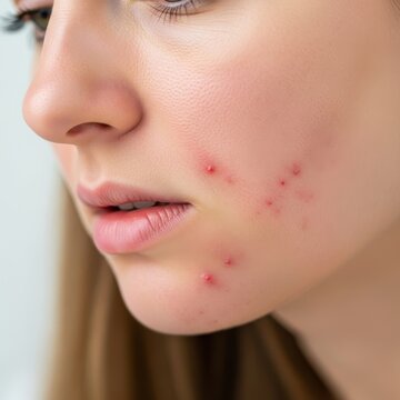 Close-up of a young womans face with acne breakouts, showing skin imperfections and the need for skincare solutions.