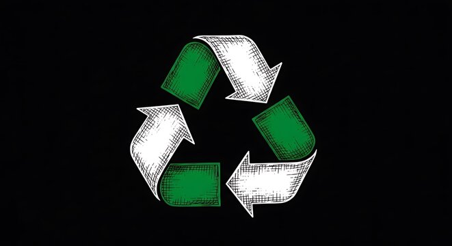 Hand-sketched white arrows form a recycling symbol with green rectangles, black backdrop