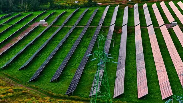 Stunning aerial parallax orbit at sunset captures solar panel rows reflecting warm pink sky light against vivid green grass with green high-voltage transmission pylons standing among the array