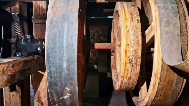 Close-up of vintage industrial machinery with spinning flywheel, belt and pulleys inside an old workshop in Latvia, Jaunpils.
