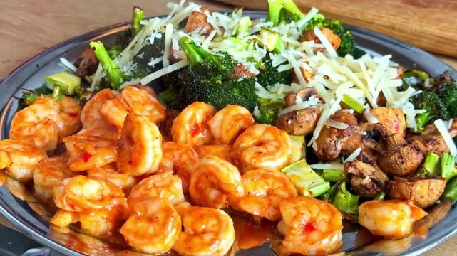 Shrimp served with broccoli mushrooms and grated cheese