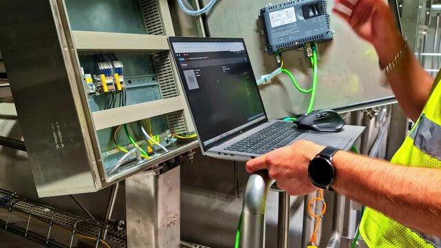 Technician configures an industrial control panel with a laptop, PLC and wiring inside an electrical cabinet, performing diagnostics and commissioning in a factory setting.