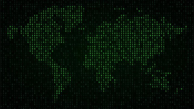 Animated digital world map made of flowing binary code representing global data, cybersecurity, and network connectivity. Ideal for technology presentations, AI visuals, and cyber communication themes