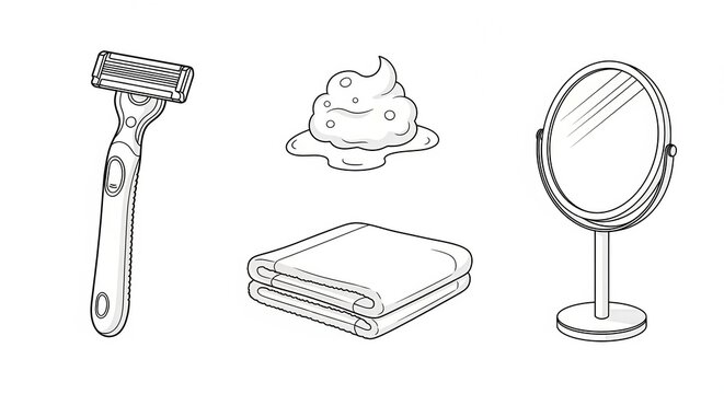 Shaving Kit Essentials: Razor, Foam, Towel, and Mirror - Bathroom Hygiene Icons