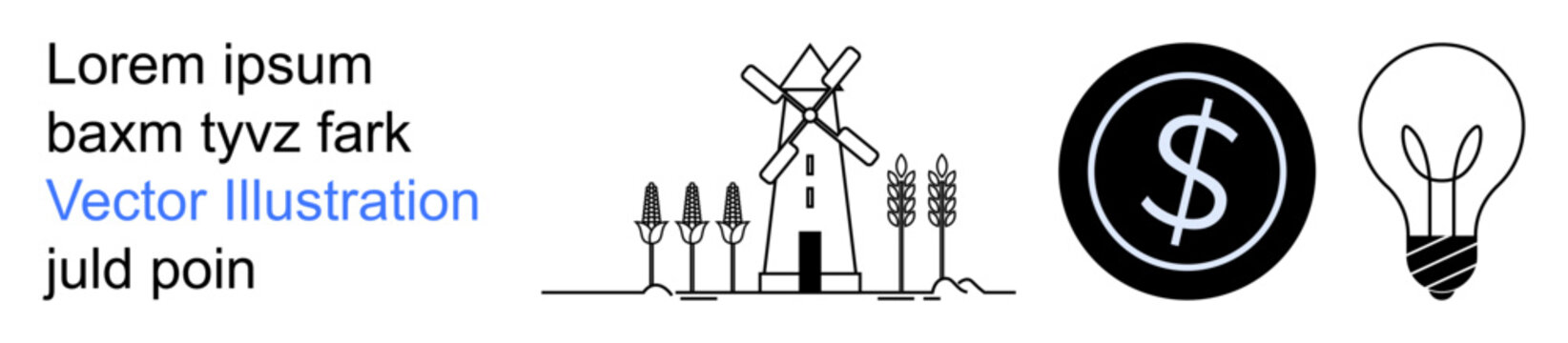 Renewable energy, agriculture, sustainability, financial growth, eco ideas, innovation. Windmill, dollar sign inside a black circle and light bulb. Renewable energy and agriculture concept