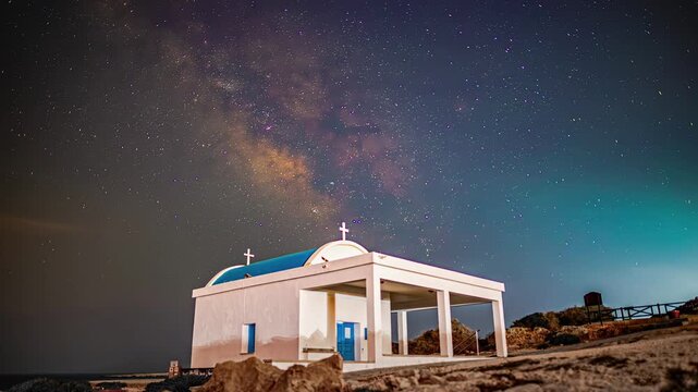 Stunning night sky time-lapse captures Milky Way galaxy core rotating above iconic white-washed Ayioi Anargiroi Orthodox chapel with blue dome on rocky Cape Greco Cyprus coastline