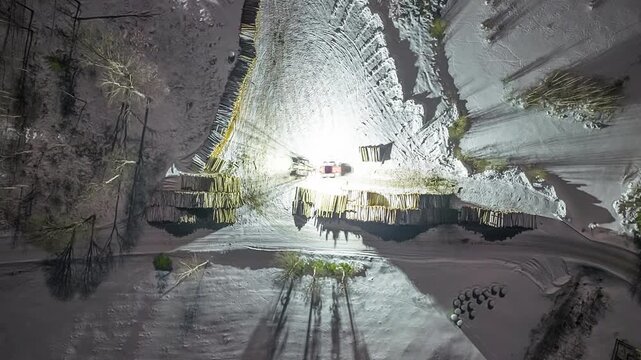Top-down night aerial time-lapse of illuminated forestry harvester working among stacked timber piles and snow-dusted trees at dark Latvian logging site