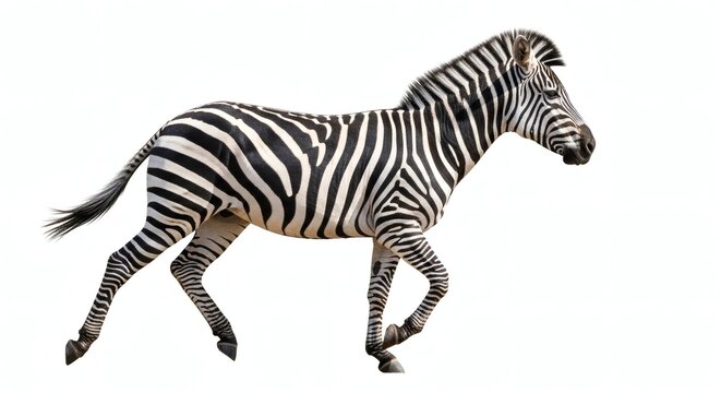 African Plains Zebra Running and Galloping Isolated on White Background