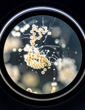 Microscopic view of yeast cells and fungal growth under magnification.
