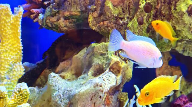 Colorful African cichlids swim through a rocky freshwater tank, featuring likely electric yellow mbuna and other Malawi species in a bright home setup.