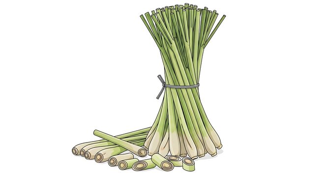 Illustration of a bundle of green lemongrass tied with string, and cut pieces