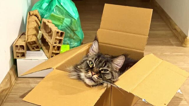 Maine Coon cat sitting inside open cardboard box looking directly at camera surrounded by packing boxes on wooden floor indoors
