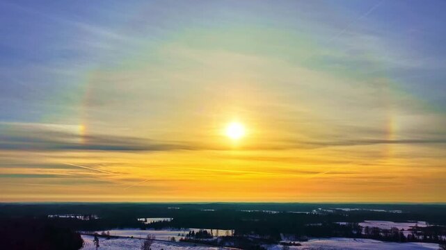 Bright winter sun with a colorful halo and sun dogs over a snowy horizon, dramatic atmospheric sky phenomenon with golden clouds and wide copy space.