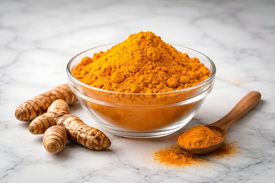 Vibrant turmeric powder in a glass bowl on a marble surface, accompanied by fresh turmeric roots and a wooden spoon filled with ground spice.