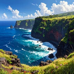 Naklejka premium A scenic cliffside overlooking ocean waves on a sunny day with lush greenery