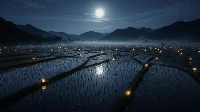 夜の棚田 月明かりと水面反射 幻想的な収穫後の風景映像