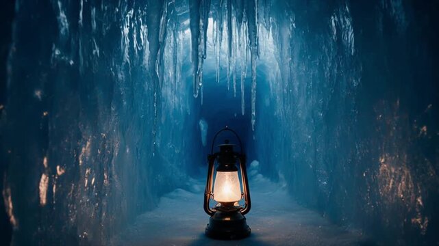 夜の氷河洞窟一人称視点探索・ランタン光とアイスブルーの神秘的対比