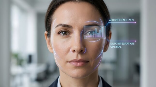 Close-up of human face with artificial intelligence data interface overlay representing biometric analysis.