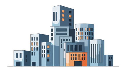 Naklejka premium Modern Flat Vector City Skyline Illustration - Minimalist Urban Buildings and Skyscrapers Isolated on White Background
