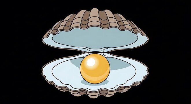 Illustration of an open clam shell with a lustrous, golden pearl at its center