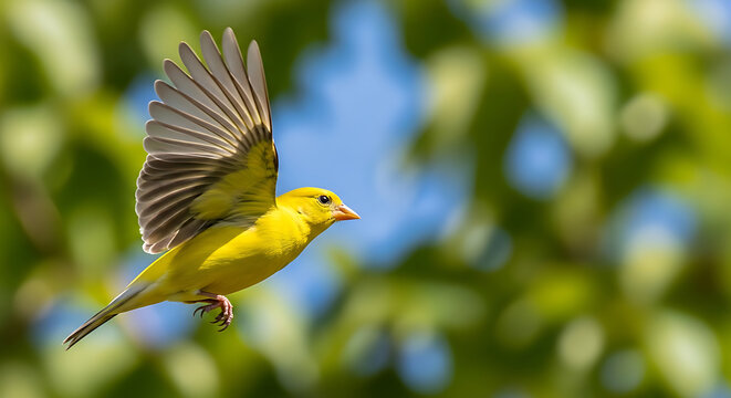A vibrant yellow finch soars mid flight with wings fully extended on transparent background