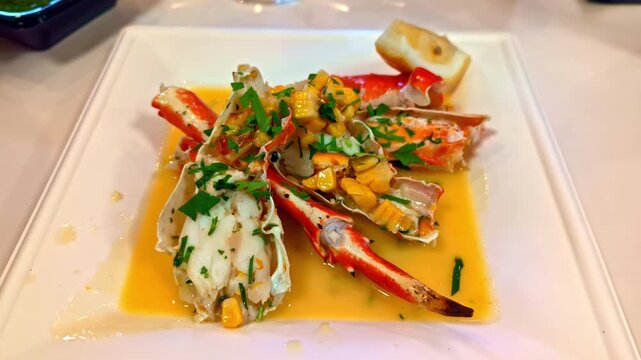 Close-up of crab claws in buttery sauce with herbs and corn on a white plate. Gourmet seafood appetizer served restaurant style with rich flavors and elegant plating.