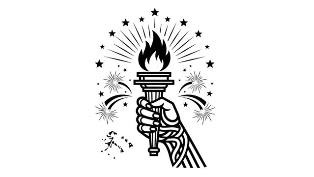 Black and white illustration of a hand holding a torch with flames and stars around it on a plain white background.