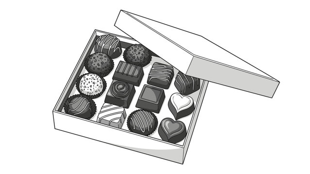 An open box of assorted chocolates with various shapes and designs on a plain white background in black and white.