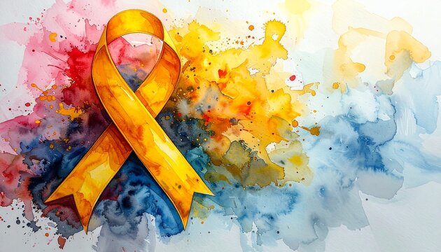 Watercolor painting of a yellow awareness ribbon, soft pastel colors, artistic splatters, symbolic of hope and strength, ethereal background, high detail.