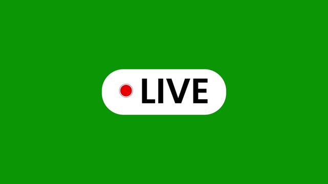 Animated live stream icon black button with glowing effect, 4K green background, broadcast badge animation for YouTube, Facebook Live, TV production and streaming overlays