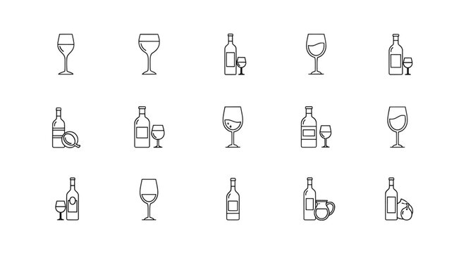 A collection of wine glasses and bottles in simple line art