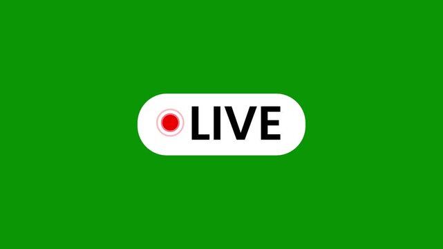 Live streaming icon animation black button style, 4K green background, broadcast overlay loop for digital content creators, online shows, gaming streams and live platforms