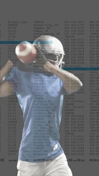 Vertical video: Helmeted player securing ball, scanning ahead while sports data scrolling over him