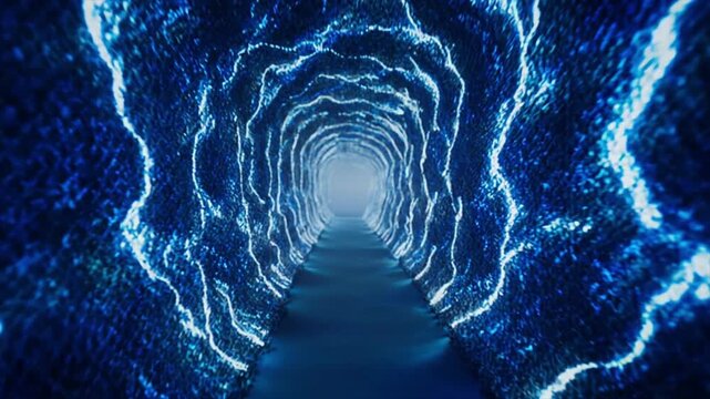 量子テキスタイルトンネル体験｜POV高速突入・電光が走る布のパターンが高速変形するエネルギッシュ映像