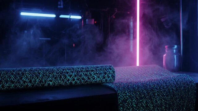 量子テキスタイル研究室｜ネオン照明・深夜に自律変形する布地の神秘的サイバーパンク映像