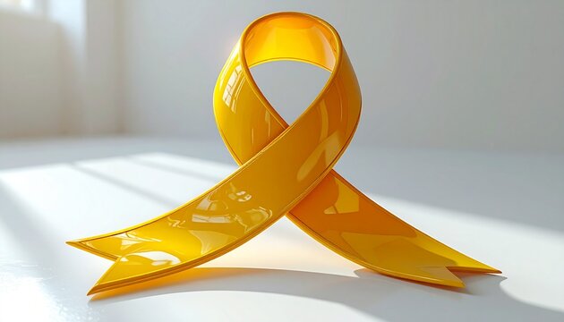 Glossy 3D render of a yellow awareness ribbon, isometric view, soft shadows, vibrant yellow color, floating on a neutral white background, clean aesthetic.