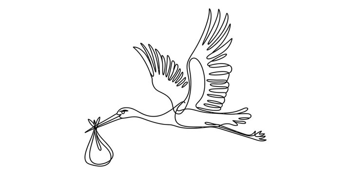 A single continuous line drawing of a stork carrying a bundle representing a new baby arrival Vector, illustration