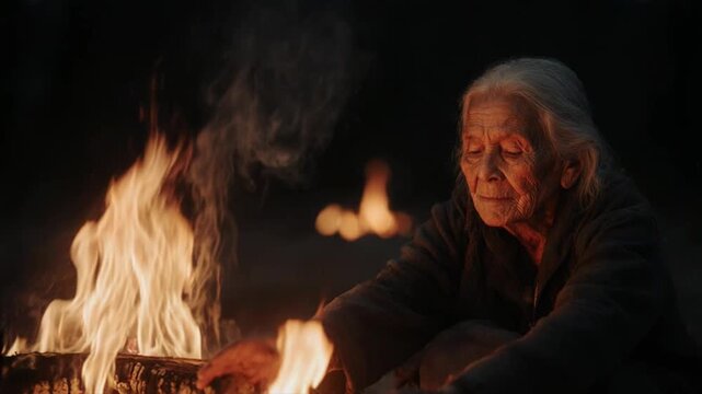 老女性の焚き火語り・炎の光に照らされた肖像・夜の物語