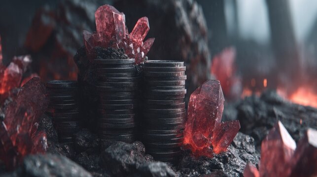 Stacked coins with red crystals dark fantasy art financial illustration