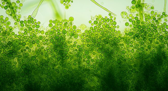 Microscopic view of vibrant, densely packed green plant cells and filaments